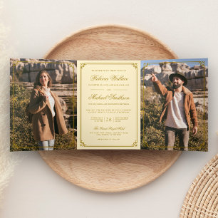 Minimalist Photo Butter Yellow QR Code Wedding Tri-Fold Invitation