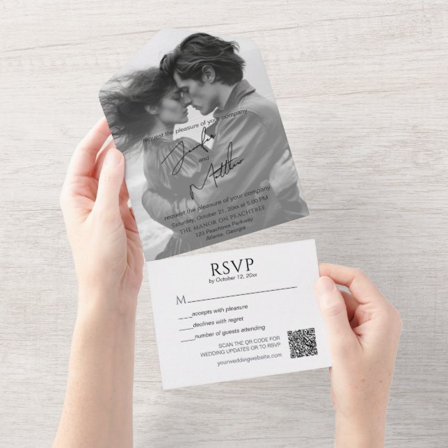 Minimalist Photo Calligraphy QR Code All in One Invitation (Tearaway)