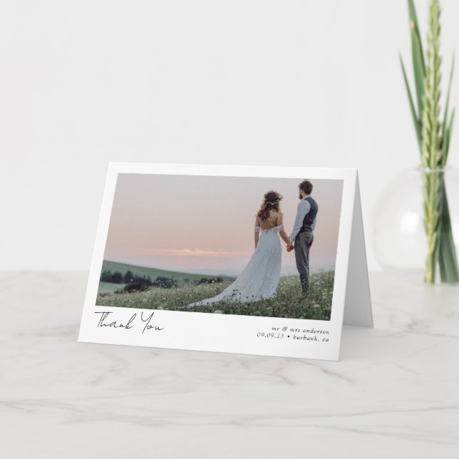 Minimalist Photo Calligraphy Wedding Folded Thank You Card (Front)