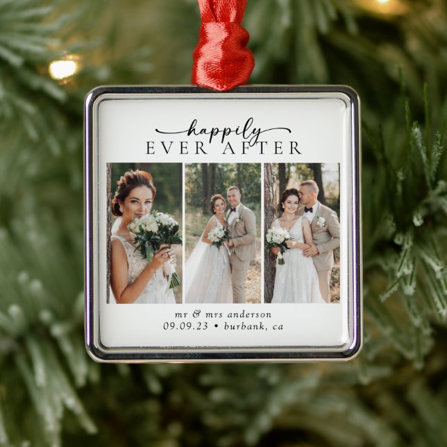 Minimalist Photo Calligraphy Wedding Metal Ornament (Tree)