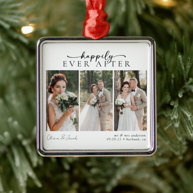 Minimalist Photo Calligraphy Wedding Metal Ornament (Tree)