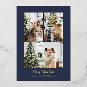 Minimalist Photo Collage Christmas Navy Blue Gold Foil Holiday Card