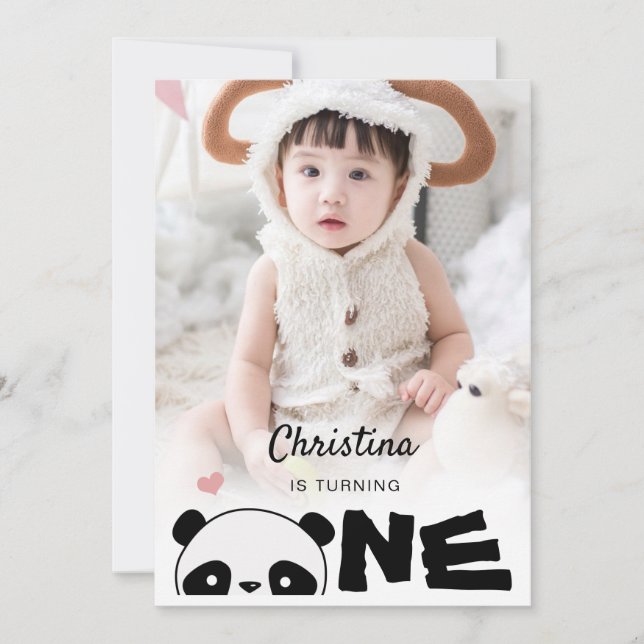 Minimalist Photo Cute Panda First Birthday Party Invitation (Front)