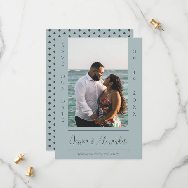 Minimalist Photo | Dusty Blue Save The Date (Front/Back In Situ)
