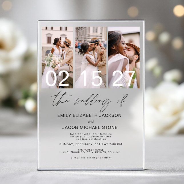 Minimalist Photo Elegant Modern Wedding 3 Photo Acrylic Invitations (Creator Uploaded)