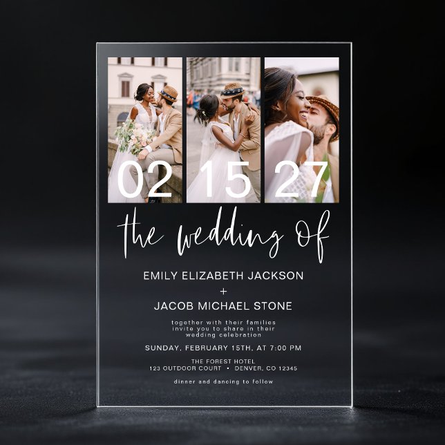 Minimalist Photo Elegant Modern Wedding 3 Photo Acrylic Invitations (Creator Uploaded)