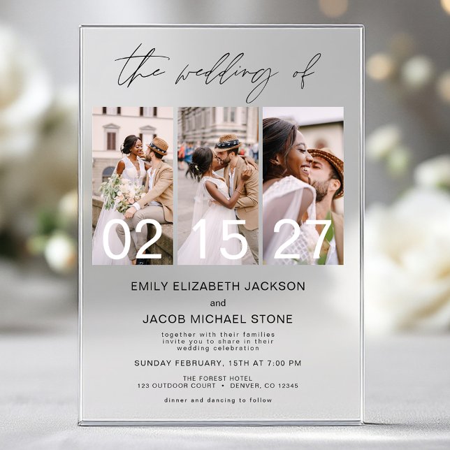 Minimalist Photo Elegant Modern Wedding 3 Photo Acrylic Invitations (Creator Uploaded)