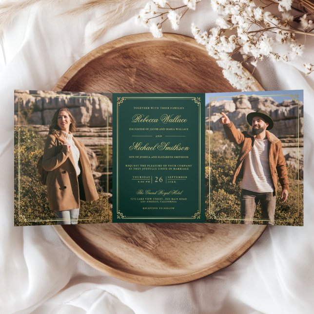 Minimalist Photo Emerald Gold QR Code Wedding Tri-Fold Invitation (Creator Uploaded)