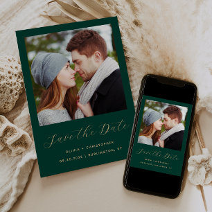 Minimalist Photo Emerald Green Gold Script Save The Date