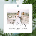 Minimalist Photo First Christmas as Mr & Mrs Grey Metal Tree Decoration<br><div class="desc">Celebrate your first Christmas as a married couple with this modern minimalist photo keepsake ornament. The charcoal grey text reads "Our first Christmas as Mr & Mrs, " with the words "Mr & Mrs" in trendy handwriting script. Easily replace the sample image with your favourite photo, and add your names...</div>