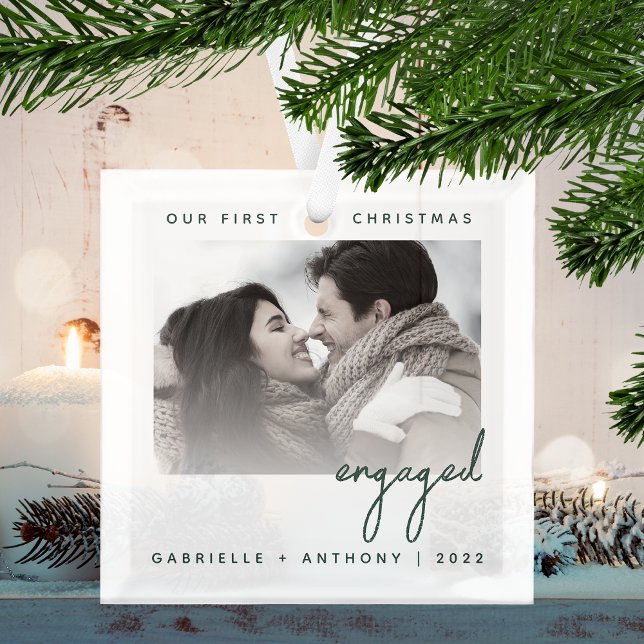 Minimalist Photo First Christmas Engaged Green Glass Tree Decoration (Creator Uploaded)
