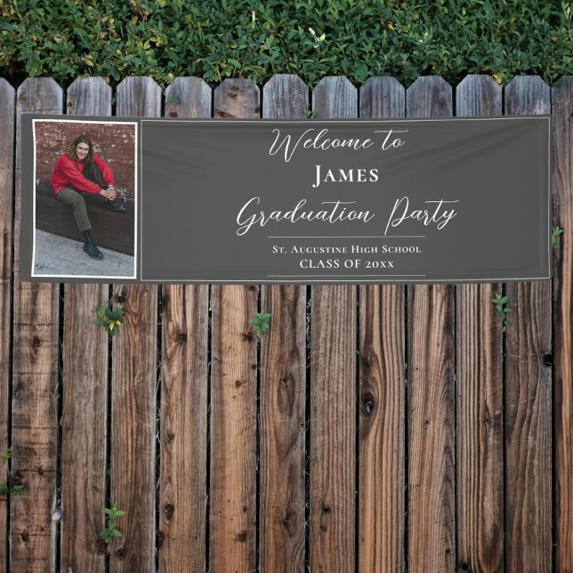 Minimalist Photo Graduation Party Welcome | Grey Banner (Gray Minimalist Photo Graduation Party Welcome Banner)
