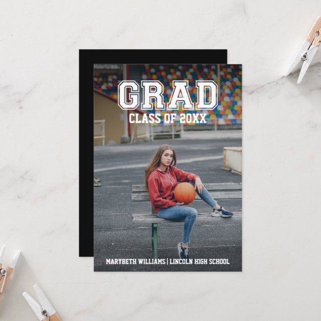 Minimalist Photo Graduation Varsity Party Card (Front/Back In Situ)