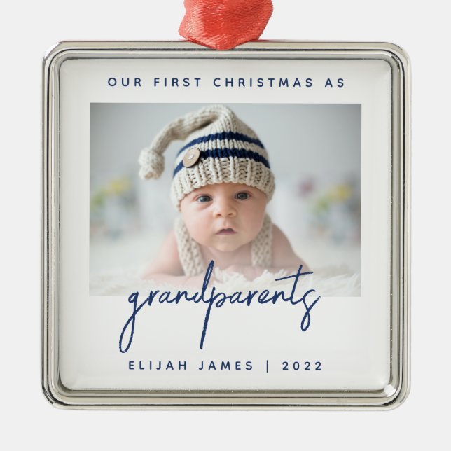 Minimalist Photo Grandparents 1st Christmas Blue Metal Ornament (Front)