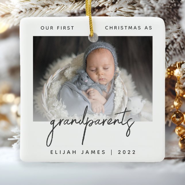 Minimalist Photo Grandparents 1st Christmas Gray Ceramic Ornament (Creator Uploaded)