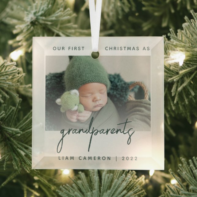 Minimalist Photo Grandparents 1st Christmas Green Glass Tree Decoration (Insitu)