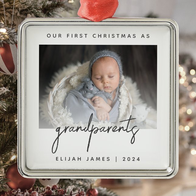 Minimalist Photo Grandparents 1st Christmas Grey Metal Ornament (Creator Uploaded)