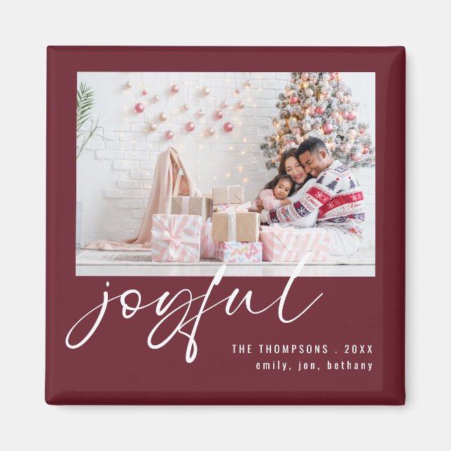 Minimalist Photo Joyful Script Christmas Burgundy Magnet (Front)