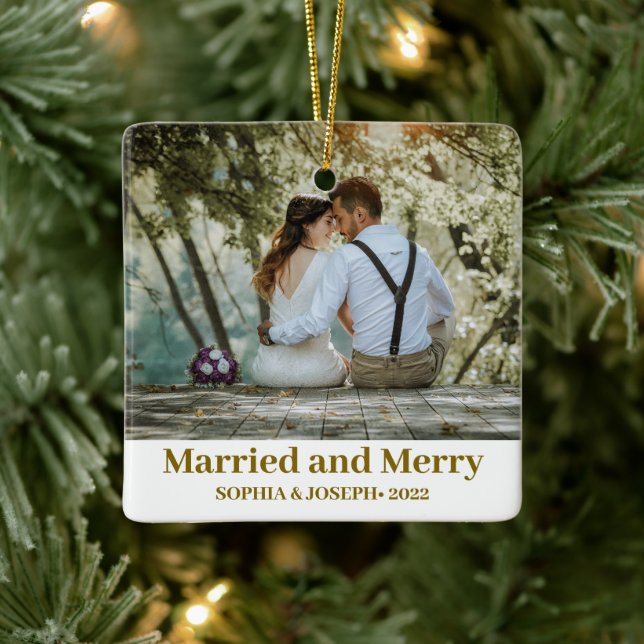 Minimalist Photo merry and married Newlywed  Ceramic Ornament (Tree)
