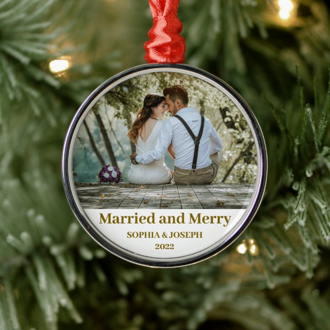 Minimalist Photo merry and married Newlywed  Metal Ornament (Tree)