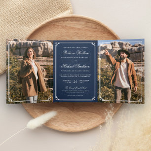 Minimalist Photo Navy Blue White QR Code Wedding Tri-Fold Invitation