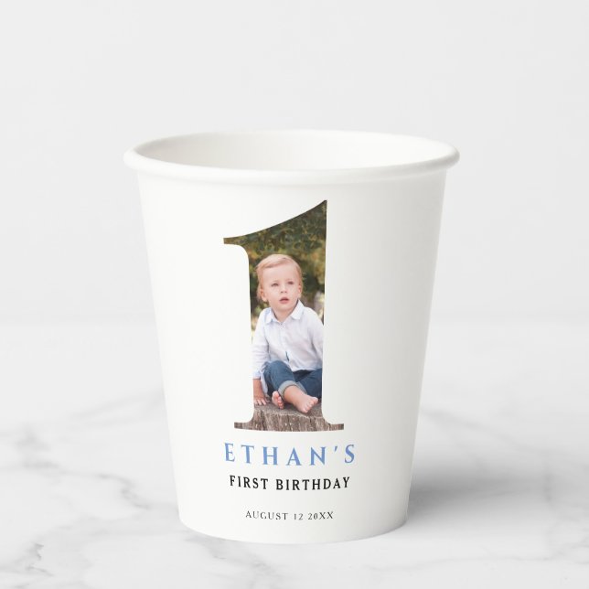 Minimalist Photo Number 1 Birthday Paper Cups (Front)