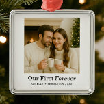 Minimalist Photo Our First Forever Christmas Metal Ornament<br><div class="desc">Celebrate your first year together with this heartwarming keepsake featuring a joyful,  cosy photo and timeless personalisation. A perfect gift to remember the laughter,  love,  and quiet moments that make forever truly begin.</div>