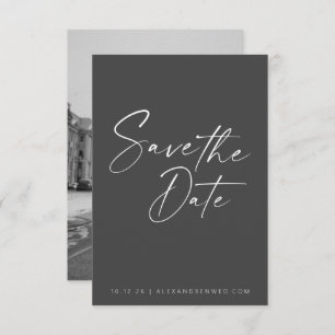 Minimalist Photo Overlay Black White Script  Save The Date