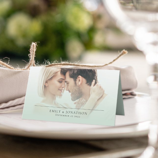 Minimalist Photo Overlay Names Date Sage Wedding  Place Card (Creator Uploaded)