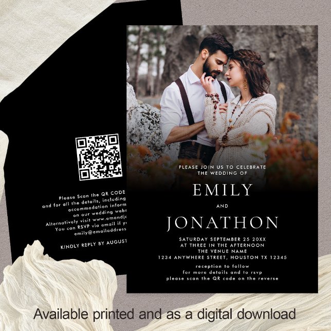 Minimalist Photo Overlay QR Code Wedding Black Invitation (Front and back view Wedding Invitation Photo Black Overlay and your website QR code)