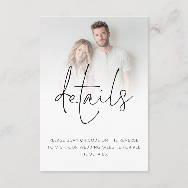 Minimalist Photo Overlay QR Code Wedding Details  Enclosure Card (Front)