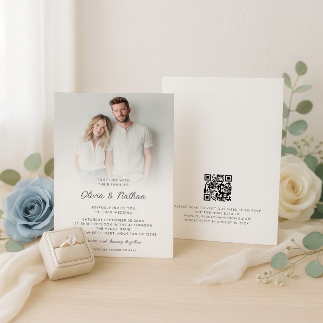 Minimalist photo Overlay QR Code Wedding Invitation (Front and back view)