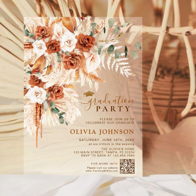 Minimalist Photo QR Code Floral Graduation  Acrylic Invitations (Creator Uploaded)