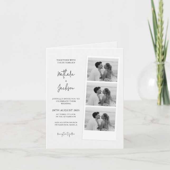 Minimalist Photo Strip Script Wedding Folded Card (Front)