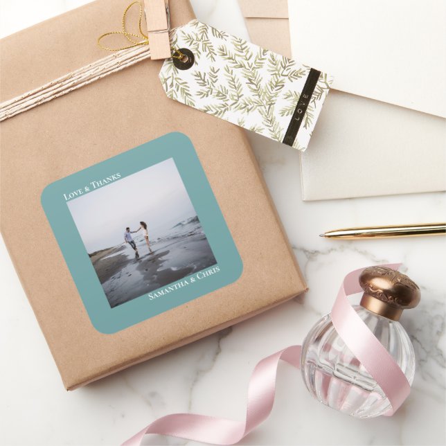Minimalist Photo Teal Love & Thanks Wedding Square Sticker (Gifting)
