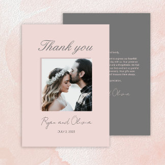 Minimalist Photo Wedding grey pink customised Thank You Card