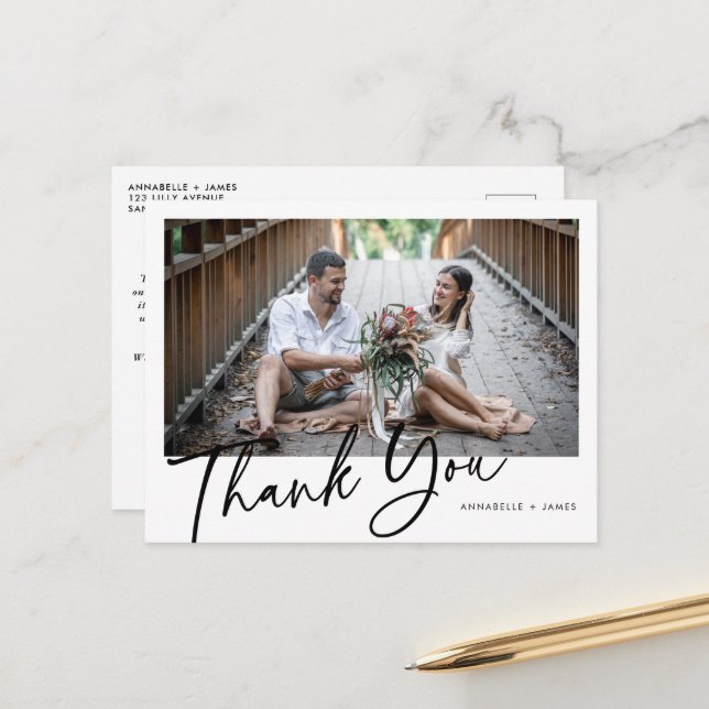 Minimalist Photo Wedding Thank You Postcard (Front/Back In Situ)