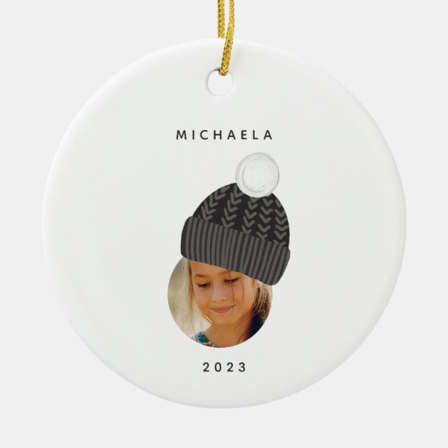 Minimalist Photo with Black Hat Christmas Ceramic Ornament (Front)