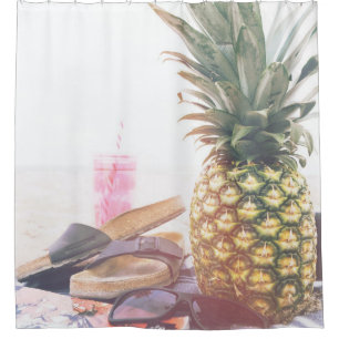 Minimalist photography of pineapple near sandals a shower curtain