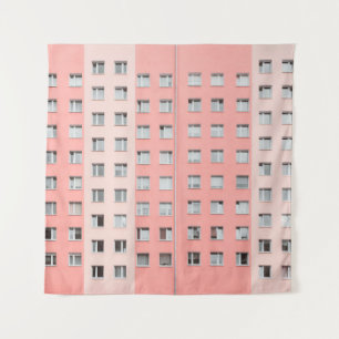 MINIMALIST PHOTOGRAPHY OF PINK HIGH-RISE BUILDING TAPESTRY