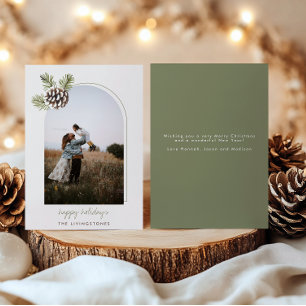 Minimalist Pine Cone & Leaves Double Arch Photo   Holiday Card
