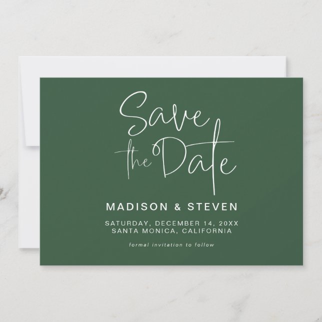 Minimalist Pine Green Script Typography Wedding  Save The Date (Front)
