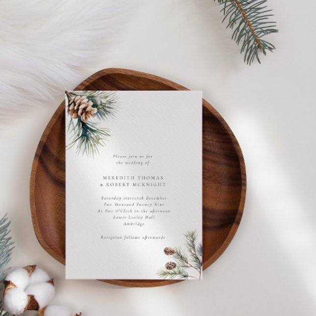 Minimalist Pine Leaves & Pine Cones Winter Wedding Invitation (Creator Uploaded)