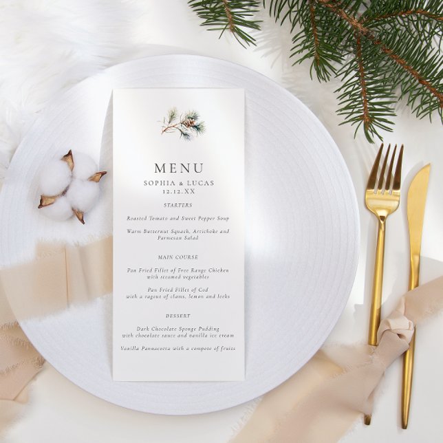 Minimalist Pine Leaves & Pine Cones Winter Wedding Menu (Creator Uploaded)