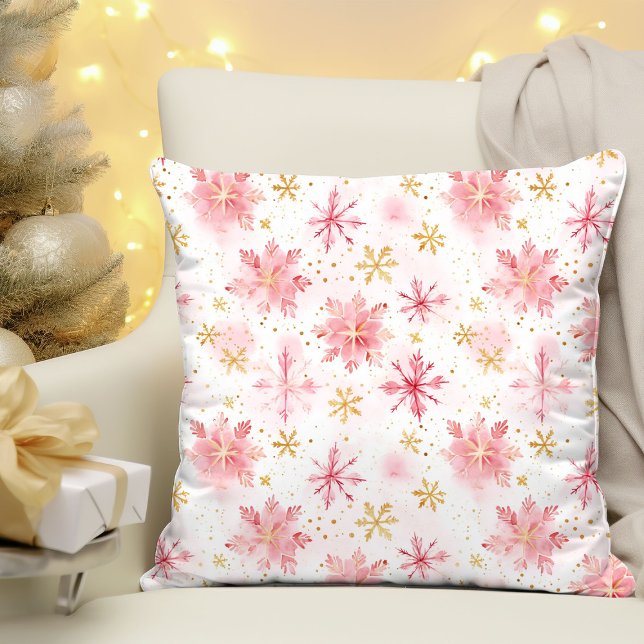 Minimalist Pink and Gold Winter Snowflakes Cushion (Minimalist Pink and Gold Winter Snowflakes Throw Pillow
)