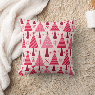 Minimalist Pink and Red Christmas Trees Pattern Cushion