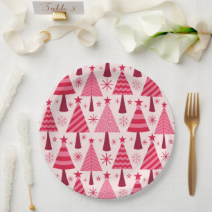 Minimalist  Pink and Red Christmas Trees Pattern  Paper Plate
