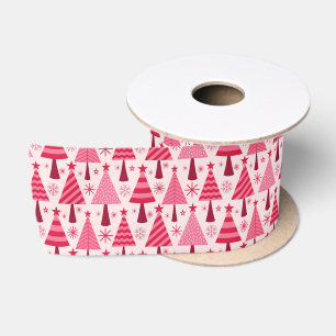 Minimalist Pink and Red Christmas Trees Pattern Satin Ribbon