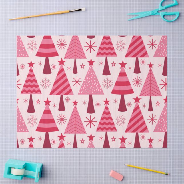 Minimalist  Pink and Red Christmas Trees Pattern  Tissue Paper (Craft)