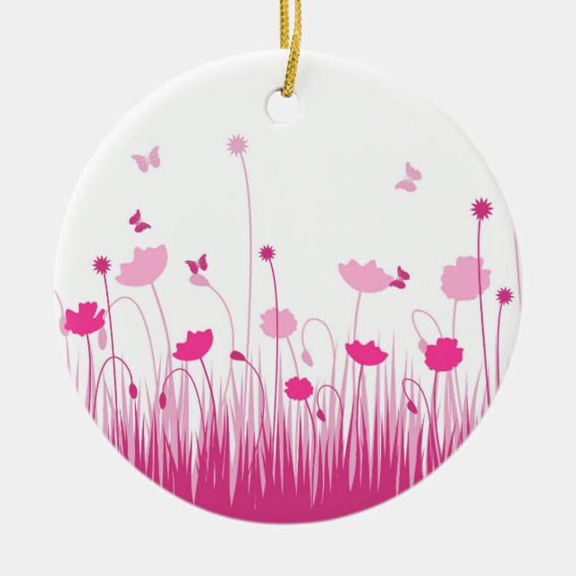 Minimalist Pink and White Poppies Meadow Floral Ceramic Ornament (Front)